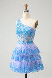 Glitter Light Blue A Line One Shoulder Corset Tiered Short Homecoming Dress