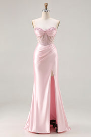 Sparkly Pink Mermaid Strapless Beaded Corset Long Prom Dress with Slit
