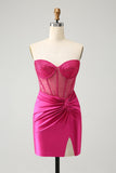 Sparkly Fuchsia Sweetheart Tight Ruched Short Homecoming Dress with Beading