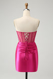 Sparkly Fuchsia Sweetheart Tight Ruched Short Homecoming Dress with Beading