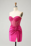 Glitter Hot Pink Strapless Pleated Corset Tight Homecoming Dress with Beading