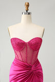 Glitter Hot Pink Strapless Pleated Corset Tight Homecoming Dress with Beading