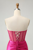 Glitter Hot Pink Strapless Pleated Corset Tight Homecoming Dress with Beading