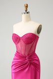 Glitter Hot Pink Strapless Pleated Corset Tight Homecoming Dress with Beading