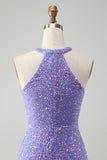 Sparkly Royal Blue Bodycon Halter Sequin Short Homecoming Dress with Tassels