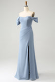 Grey Blue Sheath Off the Shoulder Chiffon Long Bridesmaid Dress with Slit