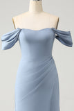 Grey Blue Sheath Off the Shoulder Chiffon Long Bridesmaid Dress with Slit