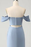 Grey Blue Sheath Off the Shoulder Chiffon Long Bridesmaid Dress with Slit