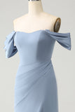 Grey Blue Sheath Off the Shoulder Chiffon Long Bridesmaid Dress with Slit