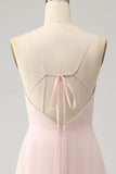 Pink A Line Spaghetti Straps Chiffon Long Bridesmaid Dress with Slit