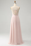 Pink A Line Spaghetti Straps Chiffon Long Bridesmaid Dress with Slit