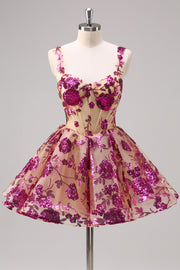 Fuchsia A Line Spaghetti Straps Short Sequins Corset Homecoming Dress