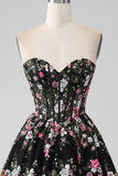 Black Princess Strapless Corset Long Prom Dress with Embroidery