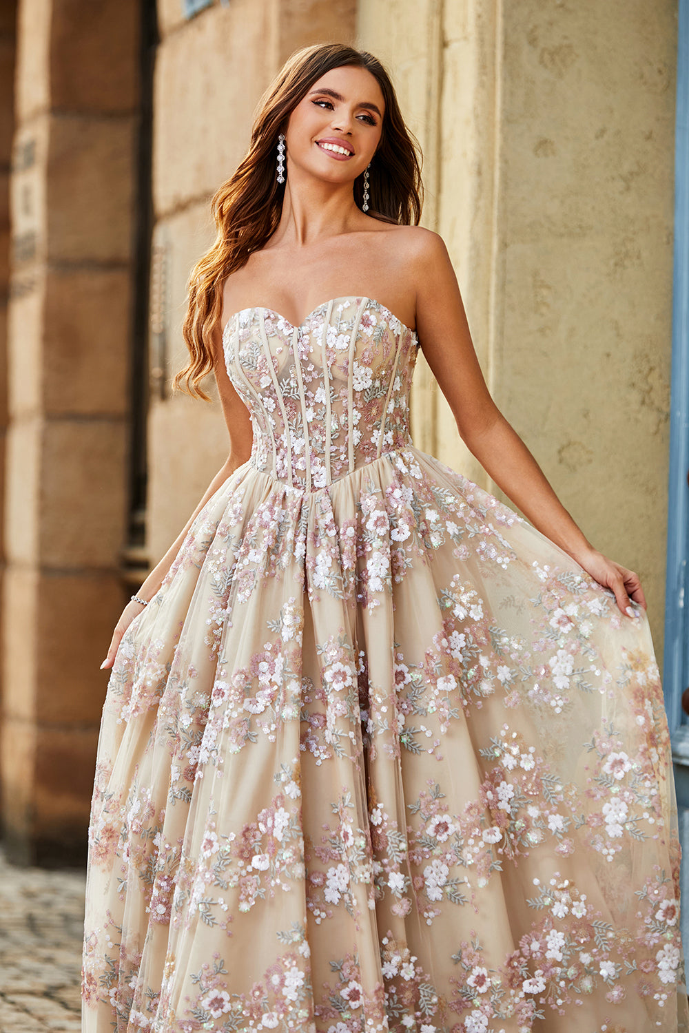 Wedtrend Women Champagne Princess Prom Dress with Embroidery Strapless Corset Long Evening Dress, Champagne / US16 Wedtrend Women Champagne Princess Prom Dress with Embroidery Strapless Corset Long Evening Dress, Champagne / US16