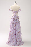 Grey Purple A-Line Rose Print Cut Out Bridesmaid Dress with Ruffles