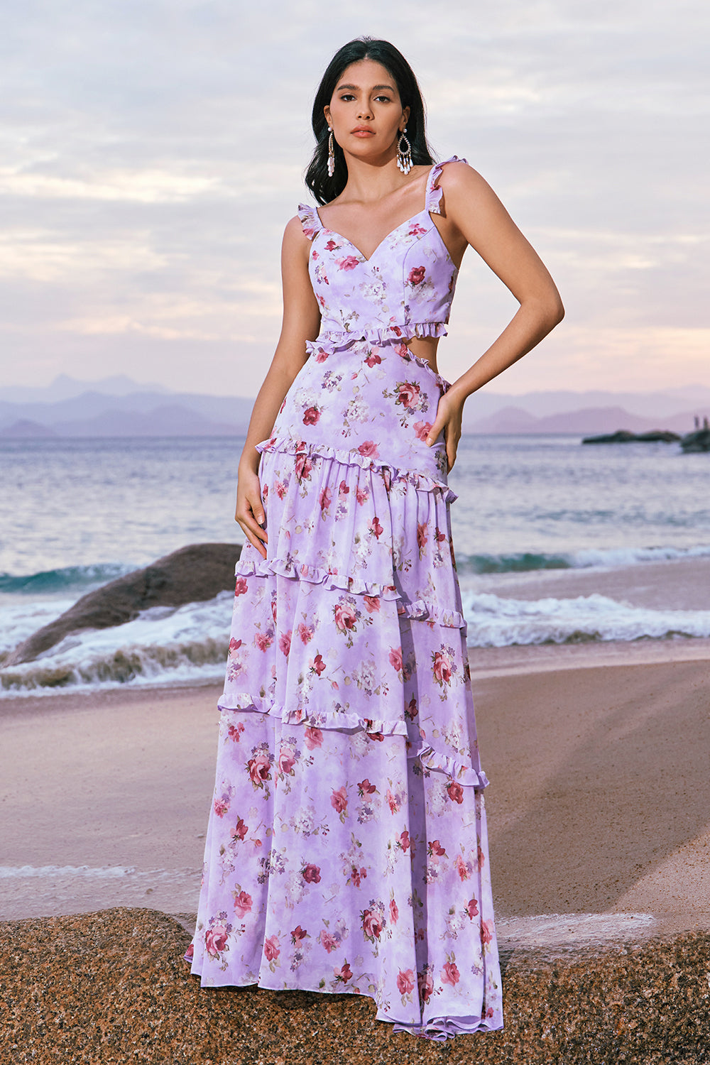 Wedtrend Women Grey Purple Rose Print Bridesmaid Dress with Ruffles A-Line Cut Out Long Wedding Guest Dress WEDTREND Wedtrend Women Grey Purple Rose Print Bridesmaid Dress with Ruffles A-Line Cut Out Long Wedding Guest Dress WEDTREND