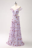 Grey Purple A-Line Rose Print Cut Out Bridesmaid Dress with Ruffles