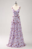 Grey Purple A-Line Rose Print Cut Out Bridesmaid Dress with Ruffles