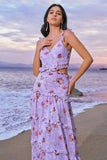 Grey Purple A-Line Cut Out Rose Print Long Bridesmaid Dress with Ruffles