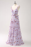 Grey Purple A-Line Rose Print Cut Out Bridesmaid Dress with Ruffles