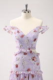Grey Purple A-Line Rose Print Cut Out Bridesmaid Dress with Ruffles