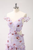 Grey Purple A-Line Rose Print Cut Out Bridesmaid Dress with Ruffles