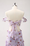 Grey Purple A-Line Rose Print Cut Out Bridesmaid Dress with Ruffles