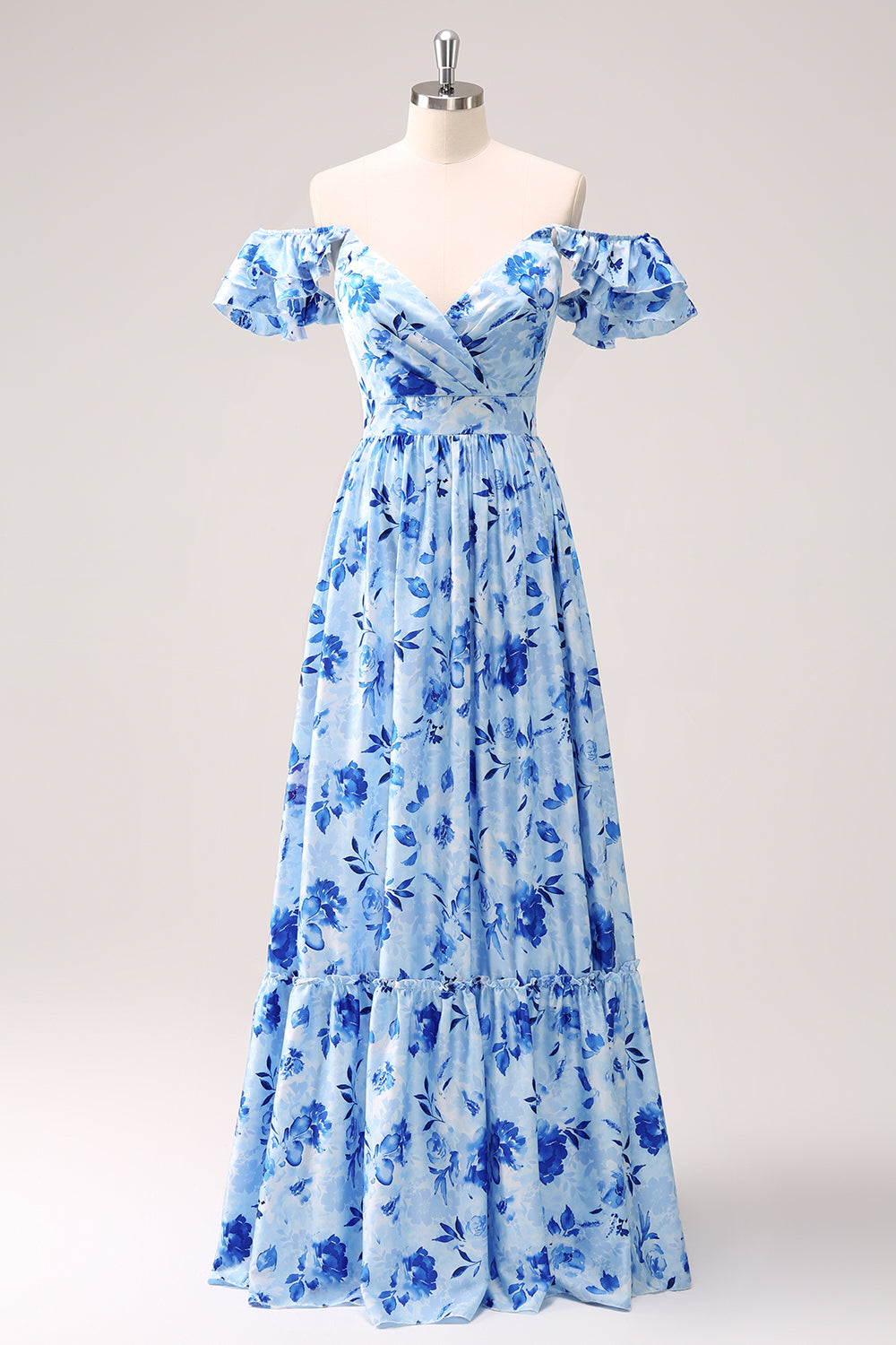 Wedtrend Women Blue Print Bridesmaid Dress A Line Off The Shoulder Floral Ruched Long Wedding Party Guest Dress WEDTREND Wedtrend Women Blue Print Bridesmaid Dress A Line Off The Shoulder Floral Ruched Long Wedding Party Guest Dress WEDTREND