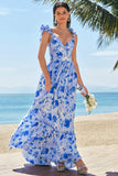 Blue A-Line V Neck Ruched Floral Long Bridesmaid Dress