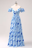 Blue A-Line V Neck Ruched Floral Long Bridesmaid Dress