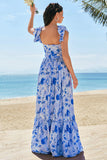 Blue A-Line V Neck Ruched Floral Long Bridesmaid Dress