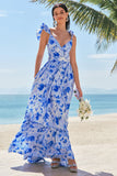 Blue A-Line V Neck Ruched Floral Long Bridesmaid Dress