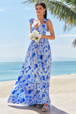 Blue A-Line V Neck Ruched Floral Long Bridesmaid Dress