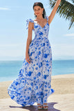 Blue A-Line V Neck Ruched Floral Long Bridesmaid Dress
