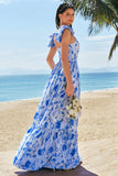 Blue A-Line V Neck Ruched Floral Long Bridesmaid Dress
