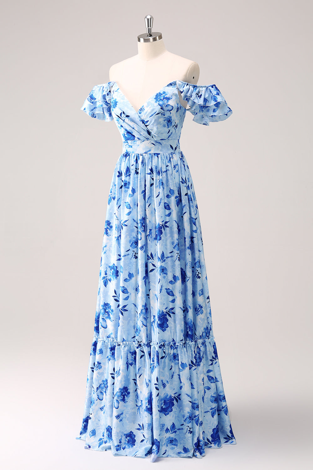 Wedtrend Women Blue Print Bridesmaid Dress A Line Off The Shoulder Floral Ruched Long Wedding Party Guest Dress WEDTREND Wedtrend Women Blue Print Bridesmaid Dress A Line Off The Shoulder Floral Ruched Long Wedding Party Guest Dress WEDTREND