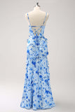 Blue Spaghetti Straps Print Ruffle Mermaid Bridesmaid Dress with Slit