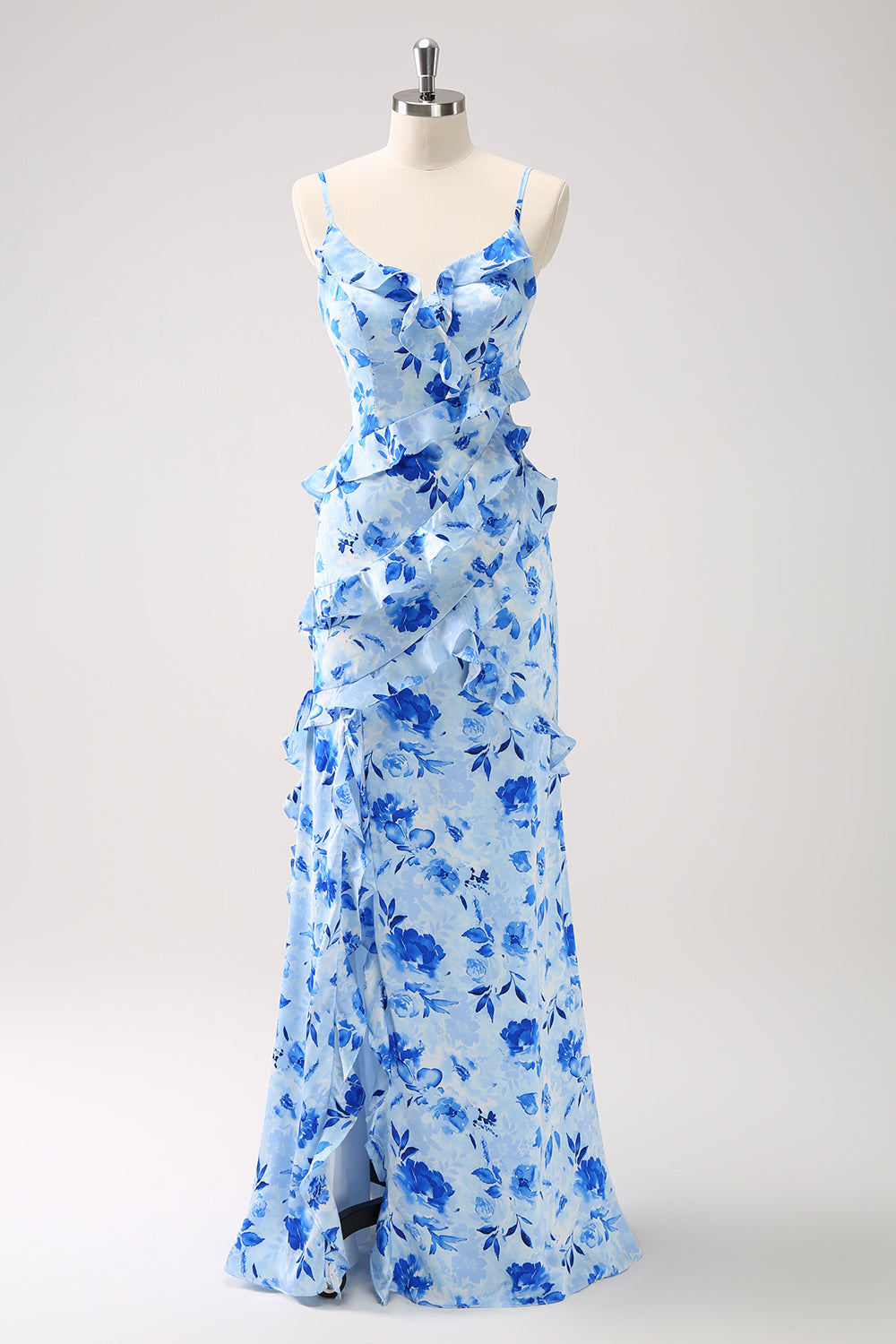 Wedtrend Women Blue Bridesmaid Dress Mermaid Spaghetti Straps Ruched Print Ruffle Maxi Dress with Slit, Blue / US10 Wedtrend Women Blue Bridesmaid Dress Mermaid Spaghetti Straps Ruched Print Ruffle Maxi Dress with Slit, Blue / US10