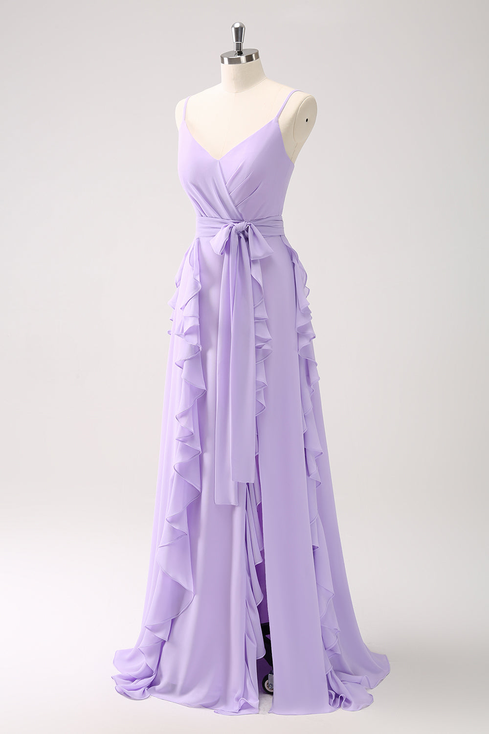 Wedtrend Women Lilac Ruffle Bridesmaid Dress A Line Ruched Chiffon Spaghetti Straps Maxi Dress with Slit, Purple / US4