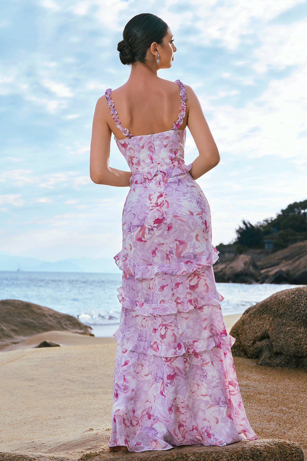 lavender floral bridesmaid dresses Wedtrend Women Stylish Grey Purple Floral Bridesmaid Dress with Ruffles Sheath Ruched Print Wedding Guest Dress – WEDTREND