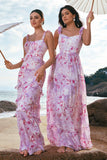 Grey Purple A Line Square Neck Print Floral Bridesmaid Dress with Lace Up Back