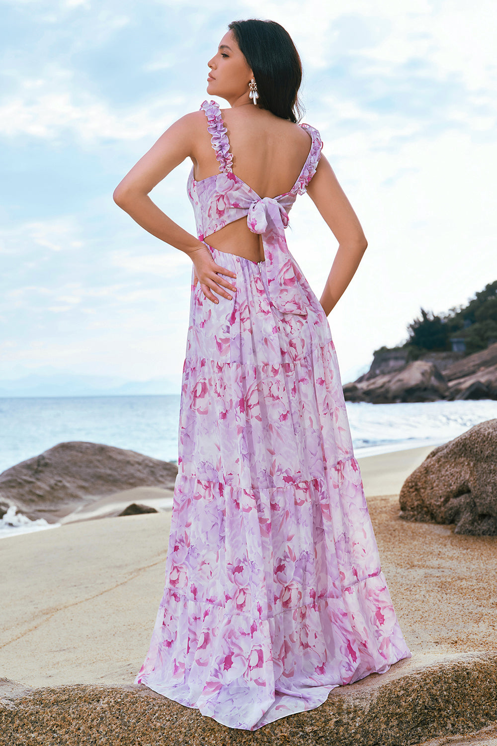 WEDTREND Women Stylish Grey Purple Long Bridesmaid Dress with Lace Up Back A Line Square Neck Print Floral Wedding Party Dress WEDTREND Women Stylish Grey Purple Long Bridesmaid Dress with Lace Up Back A Line Square Neck Print Floral Wedding Party Dress
