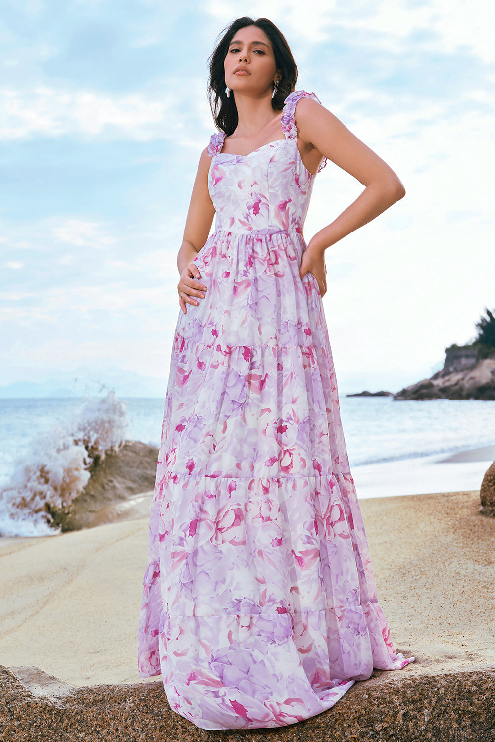 WEDTREND Women Stylish Grey Purple Long Bridesmaid Dress with Lace Up Back A Line Square Neck Print Floral Wedding Party Dress WEDTREND Women Stylish Grey Purple Long Bridesmaid Dress with Lace Up Back A Line Square Neck Print Floral Wedding Party Dress