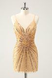 Unique Golden Tight Spaghetti Straps Backless Short Homecoming Dress with Sequins