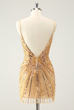 Unique Golden Tight Spaghetti Straps Backless Short Homecoming Dress with Sequins