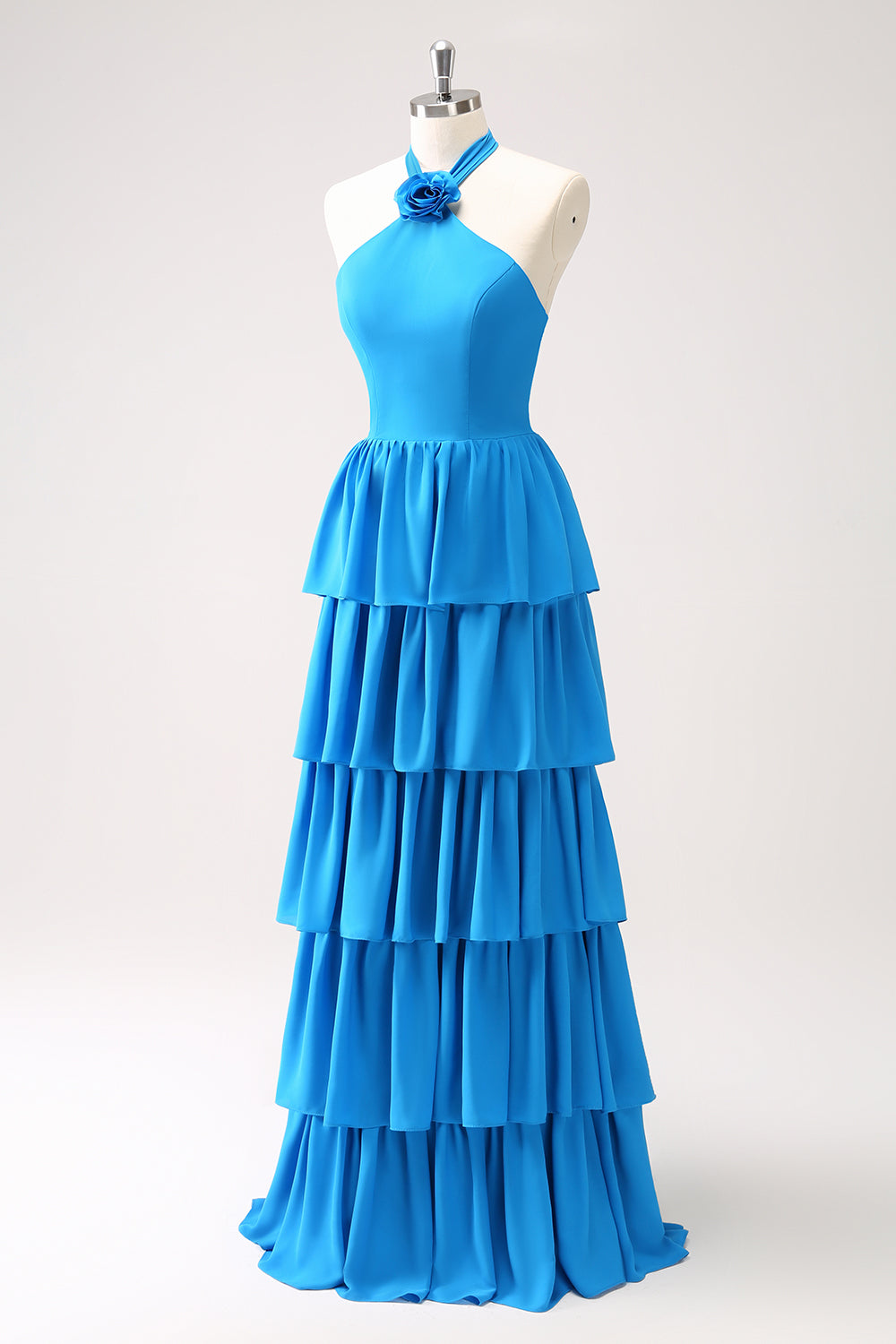 Wedtrend Women Blue Bridesmaid Dress with Flower A Line Halter Tiered Chiffon Long Wedding Party Guest Dress, Blue / US8