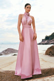 Pink A-Line Halter Pleated Satin Backless Long Bridesmaid Dress with Slit