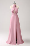 Pink A-Line Halter Pleated Floral Satin Backless Long Prom Dress with Slit