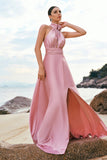 Pink A-Line Halter Pleated Satin Backless Long Bridesmaid Dress with Slit
