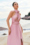 Pink A-Line Halter Pleated Satin Backless Long Bridesmaid Dress with Slit